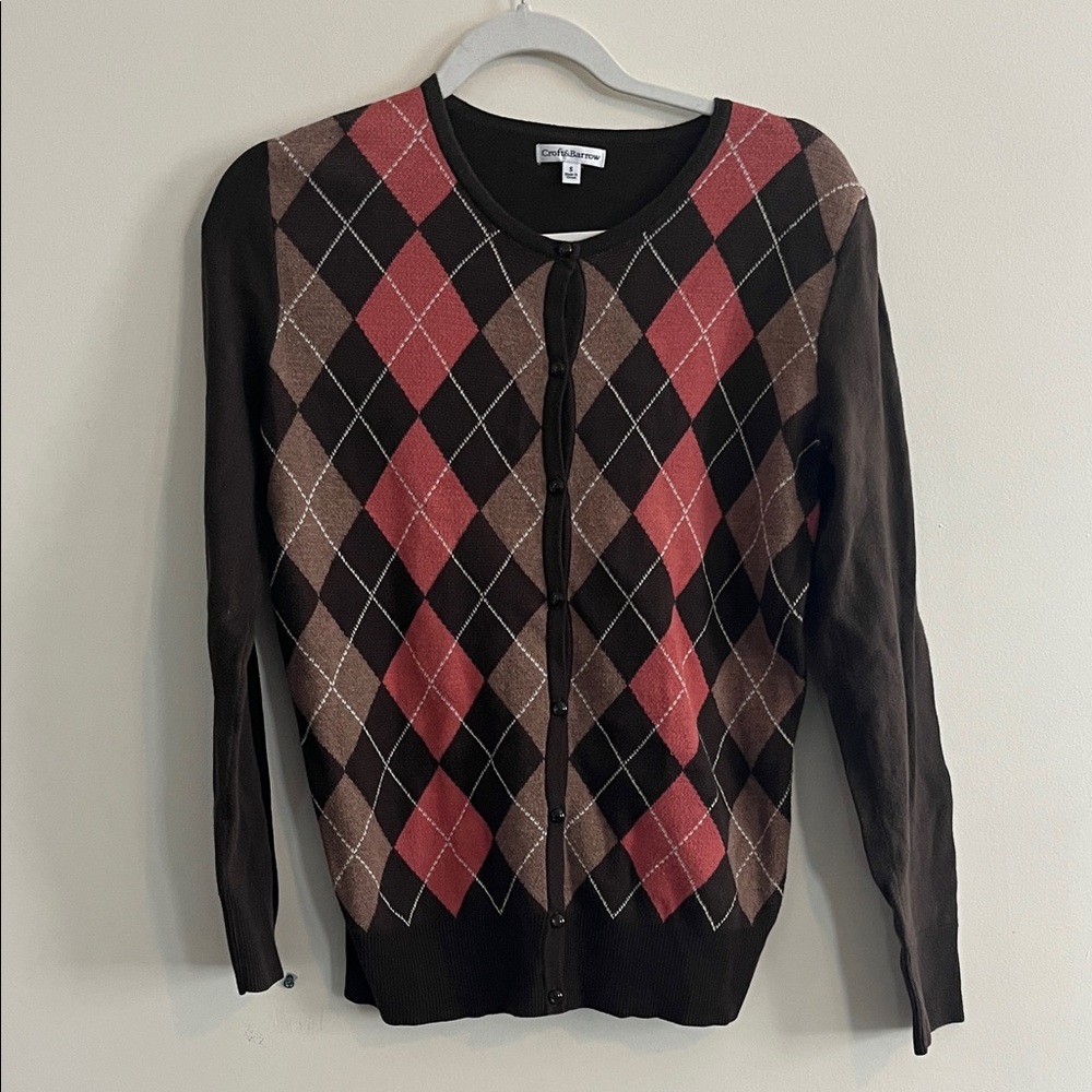 Croft & Barrow Argyle Cardigan‎ Sweater Brown Pink S Preppy Twee Casual Office